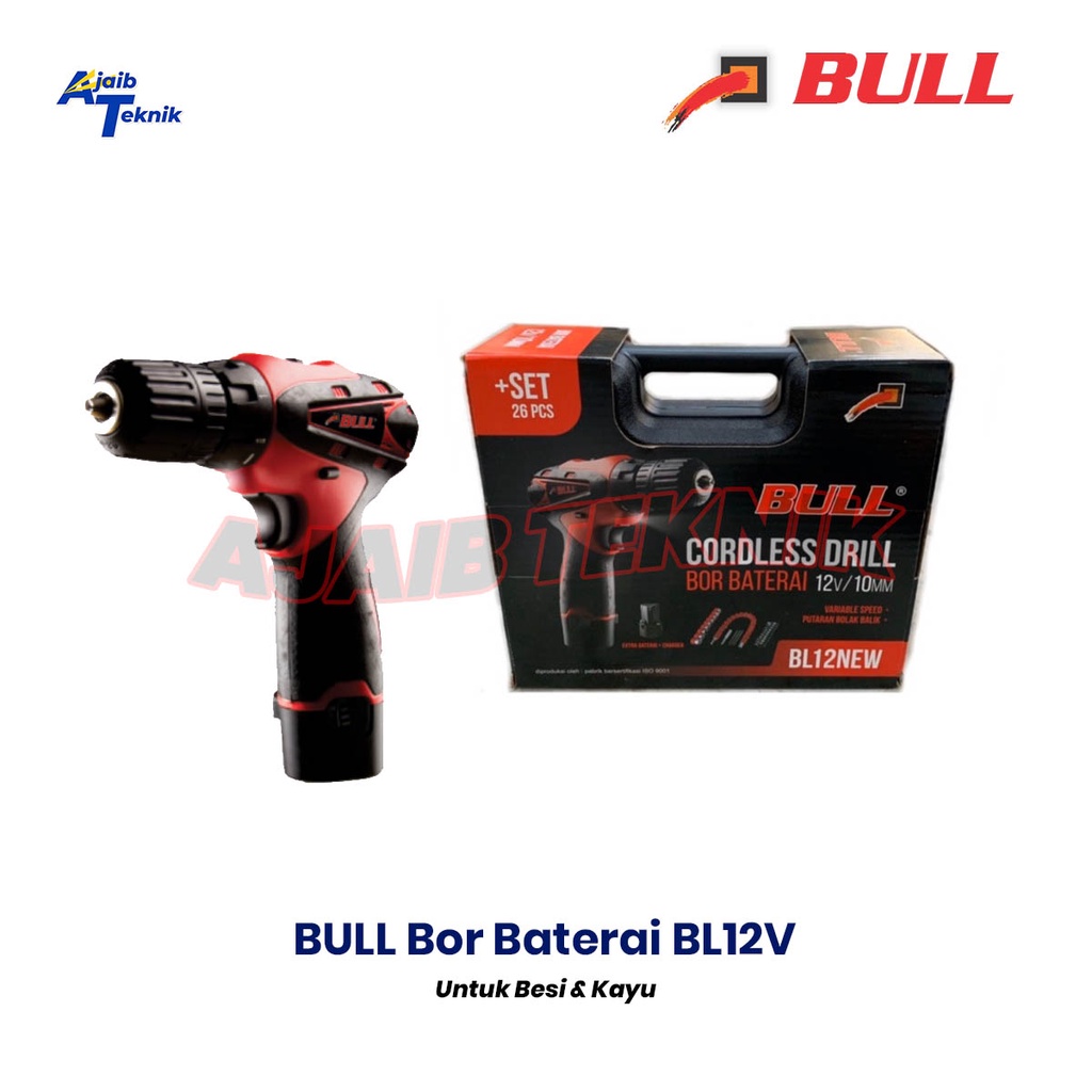 BULL BL12V Mesin Bor Baterai - Cordless Drill Kayu Besi Baja Ringan Seng 2 baterai