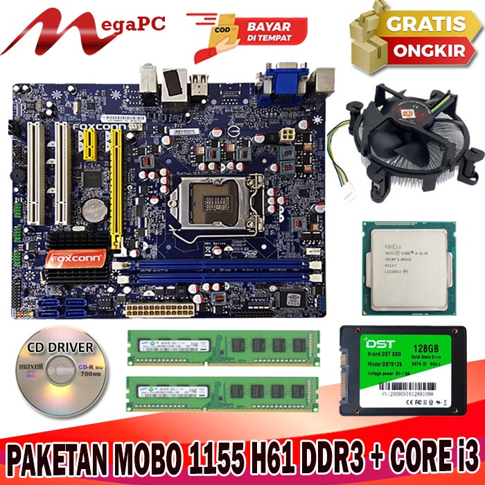 Paket Mobo 1155 H61 DDR3 + Core i3 2120 + Ram 8GB + Fan + SSD 128GB