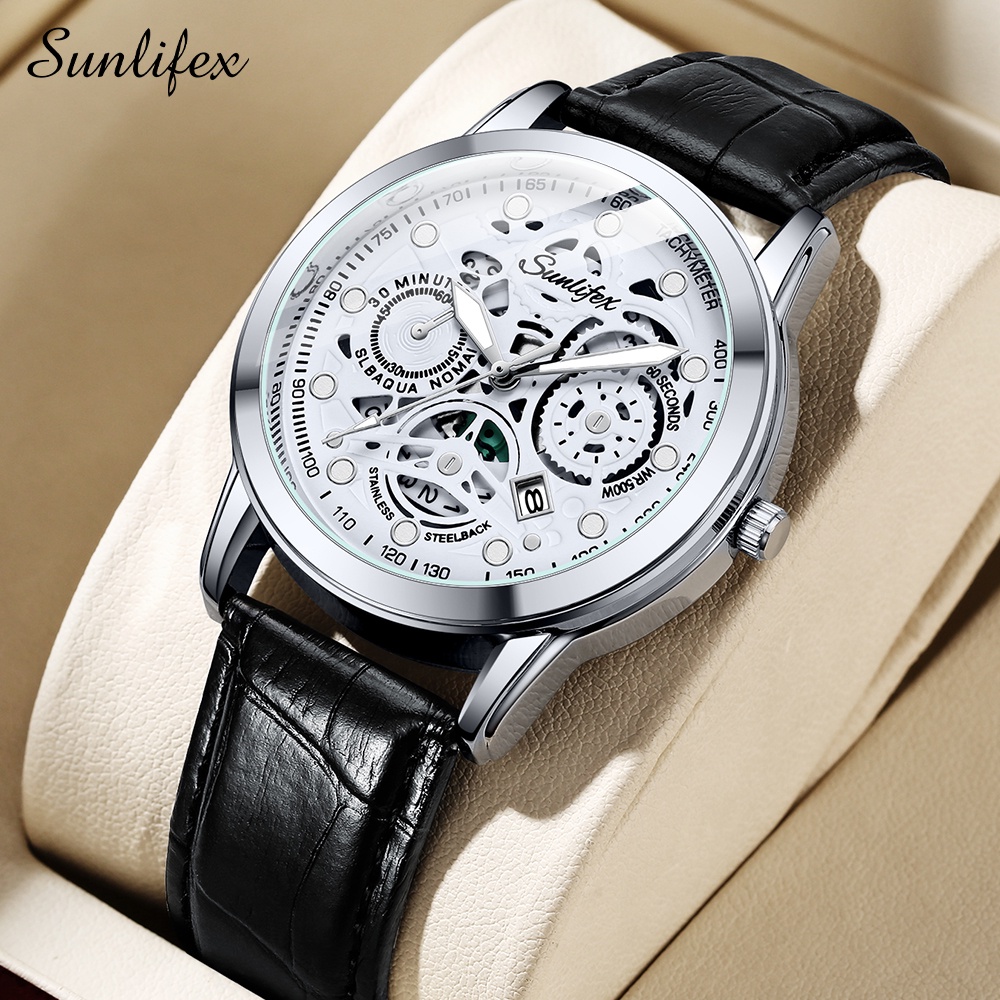 Sunlifex Jam Tangan Pria Dial Berongga Anti Air Kuarsa Tali Kulit Jam Pria Original Santai Mode Jam Tangan Cowok 7001-BlackWhite