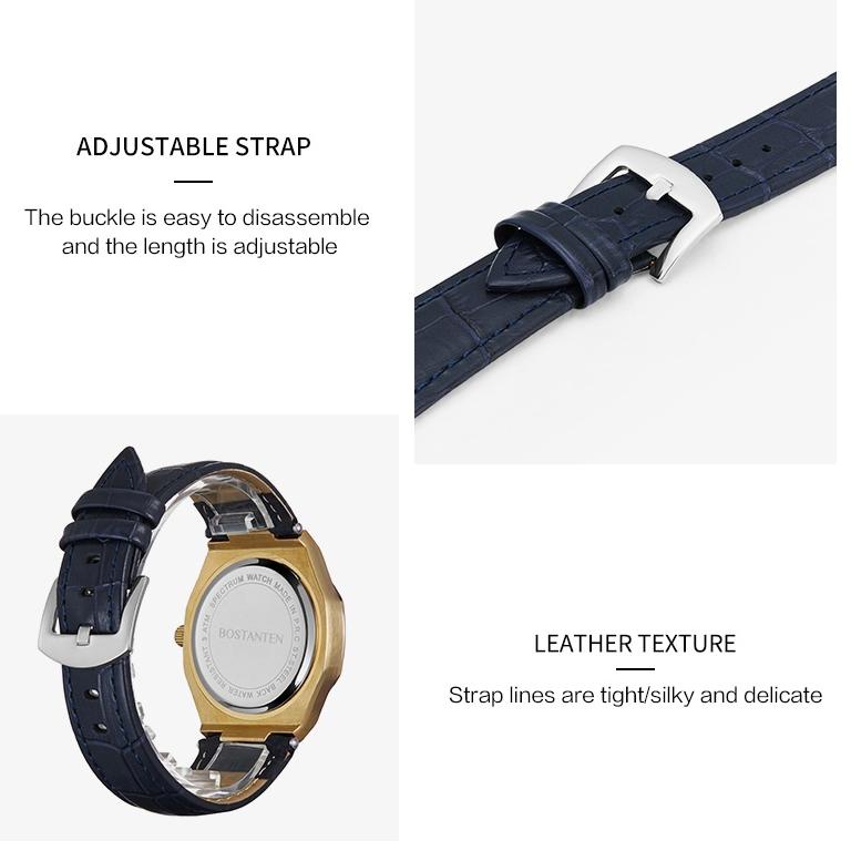 【】Bostanten ORI Terbaru Jam Tangan Pria Tahan Air Bezel Logam Berat Jam Tangan Kulit Biru Untuk Pria