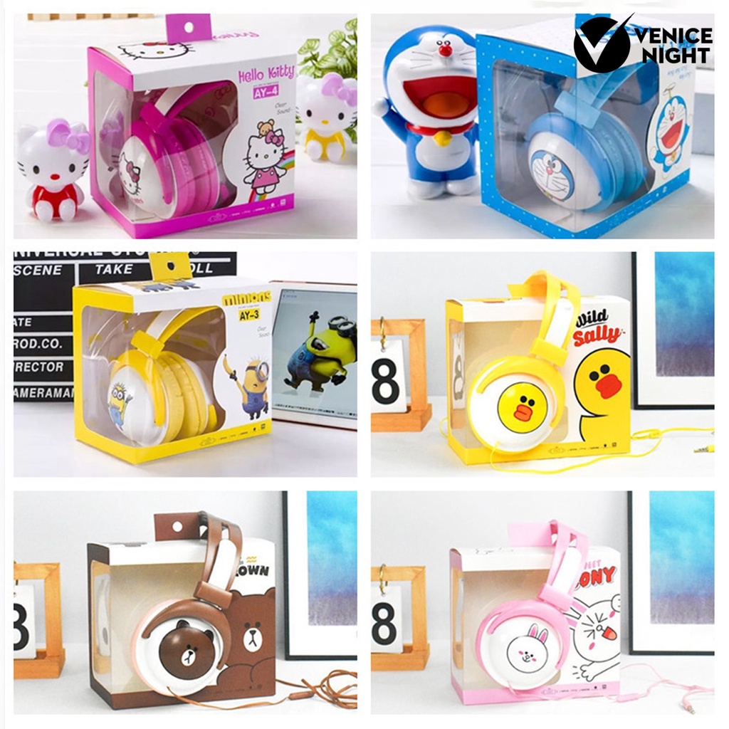 (VNEP) (Berkabel) Headphone Kejernihan Tinggi Mega Bass Stereo Headset Desain Kucing yang Menggemaskan untuk Anak-Anak