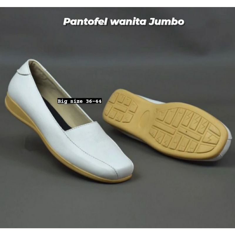 Original Sepatu Flat Mules Wanita Kulit MK.Putih Big Size 36-44 Flatshoes Suster Stikes Perawat Size JUMBO Pantofel Putih Kerja Dokter Kaki Jumbo Gemuk, 41