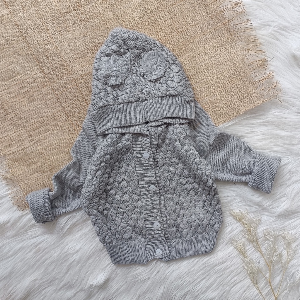 Jaket rajut hoodie pompom popcroon  3- 12 bulan / sweater rajut bayi / cardigan bayi