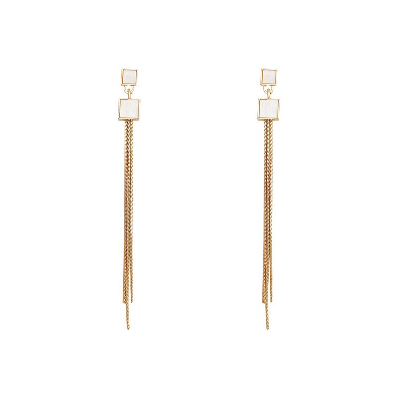 Anting Fringe Geometris Panjang Elegan Mewah Ringan Korea