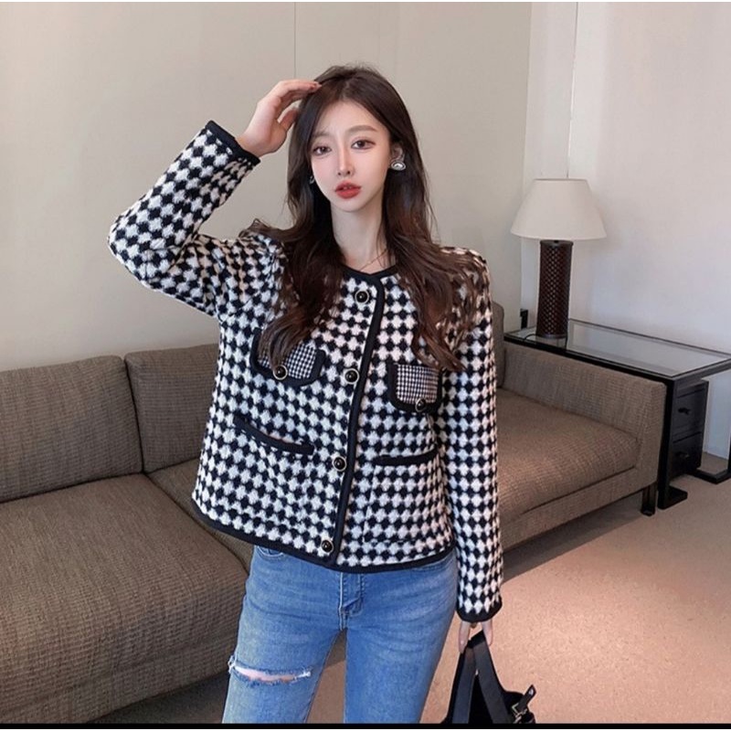 VN VICTORIA FUR CARDIGAN HOUNDSTOOTH KOREAN WINTER