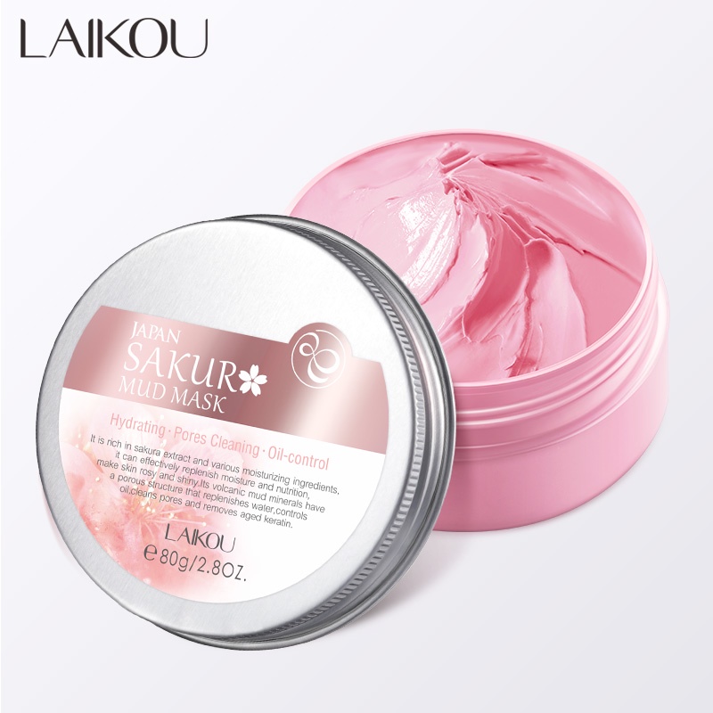 LAIKOU Sakura Masker Lumpur KAOLIN Menghilangkan Komedo Hitam Mengontrol Minyak 80g