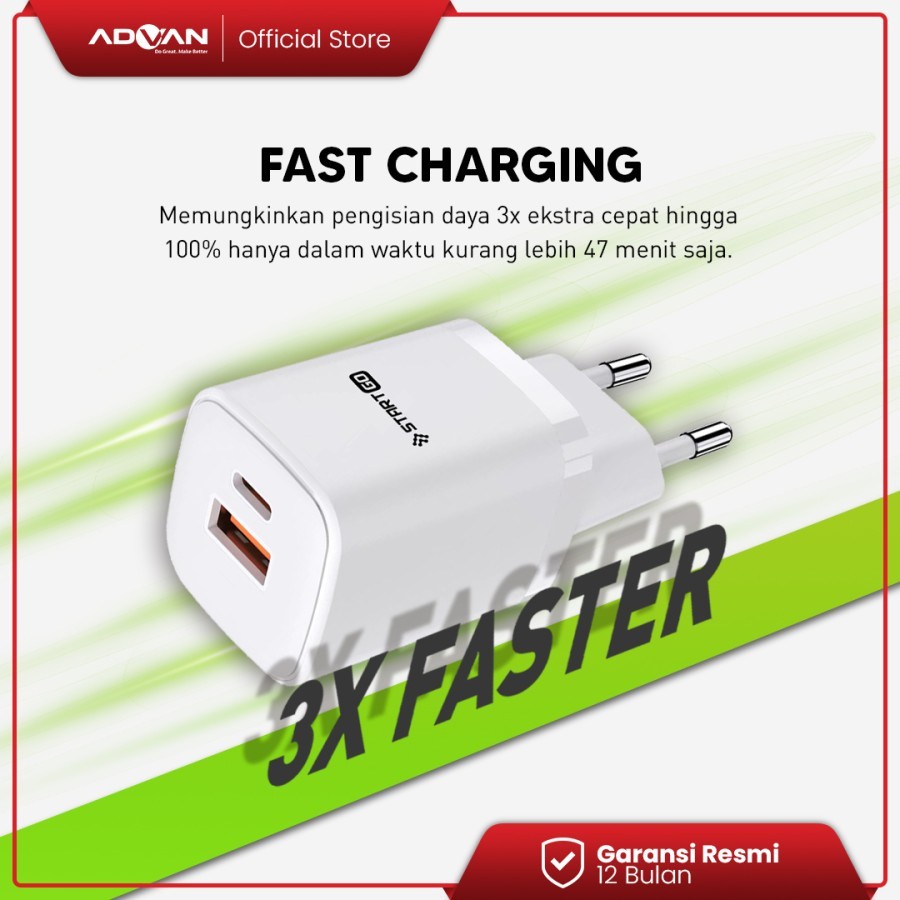 Kepala Charger ADVAN STARTGO PU25W 25Watt 3A QC3 PD3.0 USB A + USB C