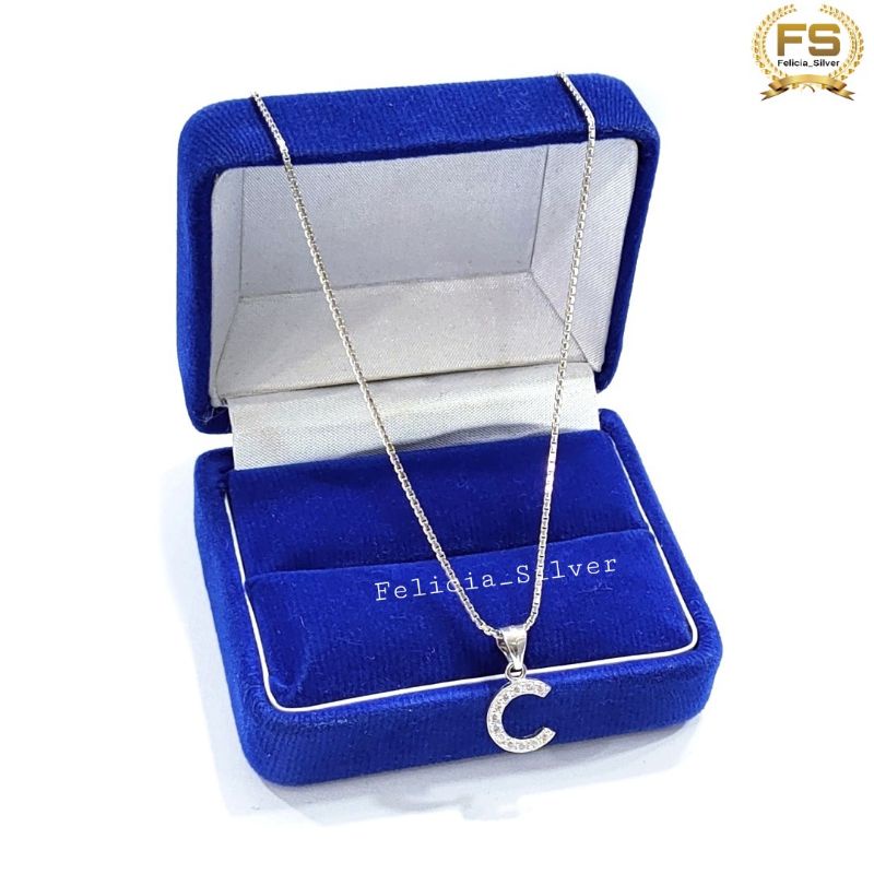 KALUNG PERAK ASLI 925 SILVER LAPIS EMAS PUTIH MODEL LIONTIN HURUF C PERMATA - PERHIASAN PERAK WANITA