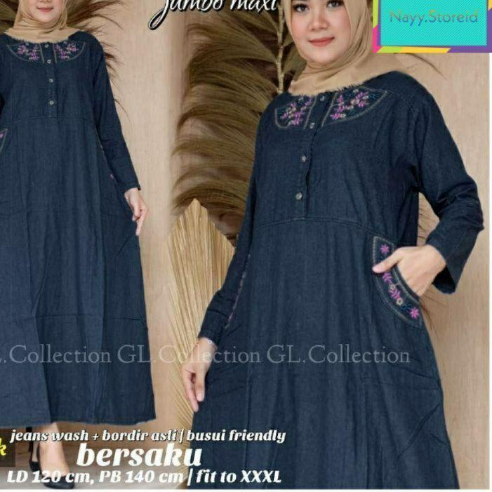 드 Baju Gamis Levis Jeans Jumbo Wanita 2023 Bordir  Dan Saku Ld 120 P 140 Cleopatra Maxy Casual Big S