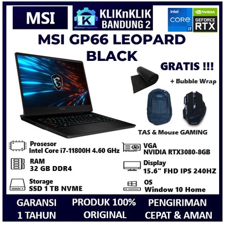 LAPTOP GAMING MSI GP66 LEOPARD INTEL I7 11800H 32GB 1TB RTX 3080-8GB 15.6" FHD IPS 240HZ RGB WINDOW 