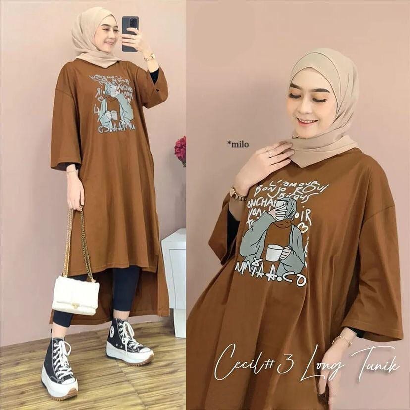 Long Tunik Terbaru Cecil long tunik #3 bahan kaos katun combed 24s Aplikasi sablon size s-xxl ld 90-120 cm Pakaian long tunik wanita model terbaru 2023 Baju atasan wanita lengan panjang Dress kaos katun oversize Gamis wanita warna milo , dusty , navy