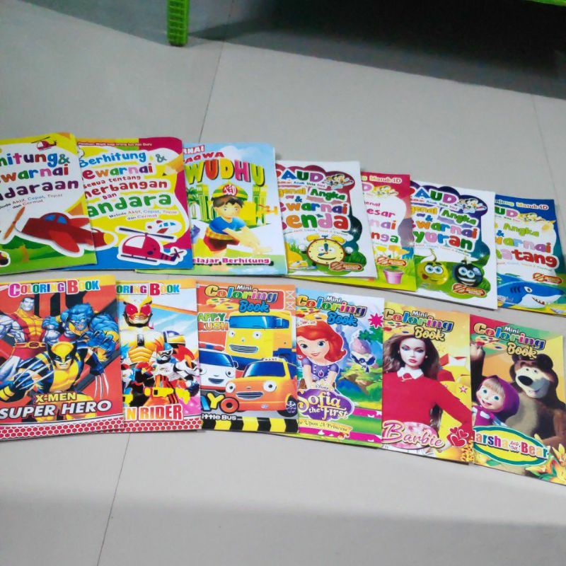 Buku Gambar Mewarnai anak PAUD TK Karakter Kartun Hewan Kendaraan Benda Buah Sayuran