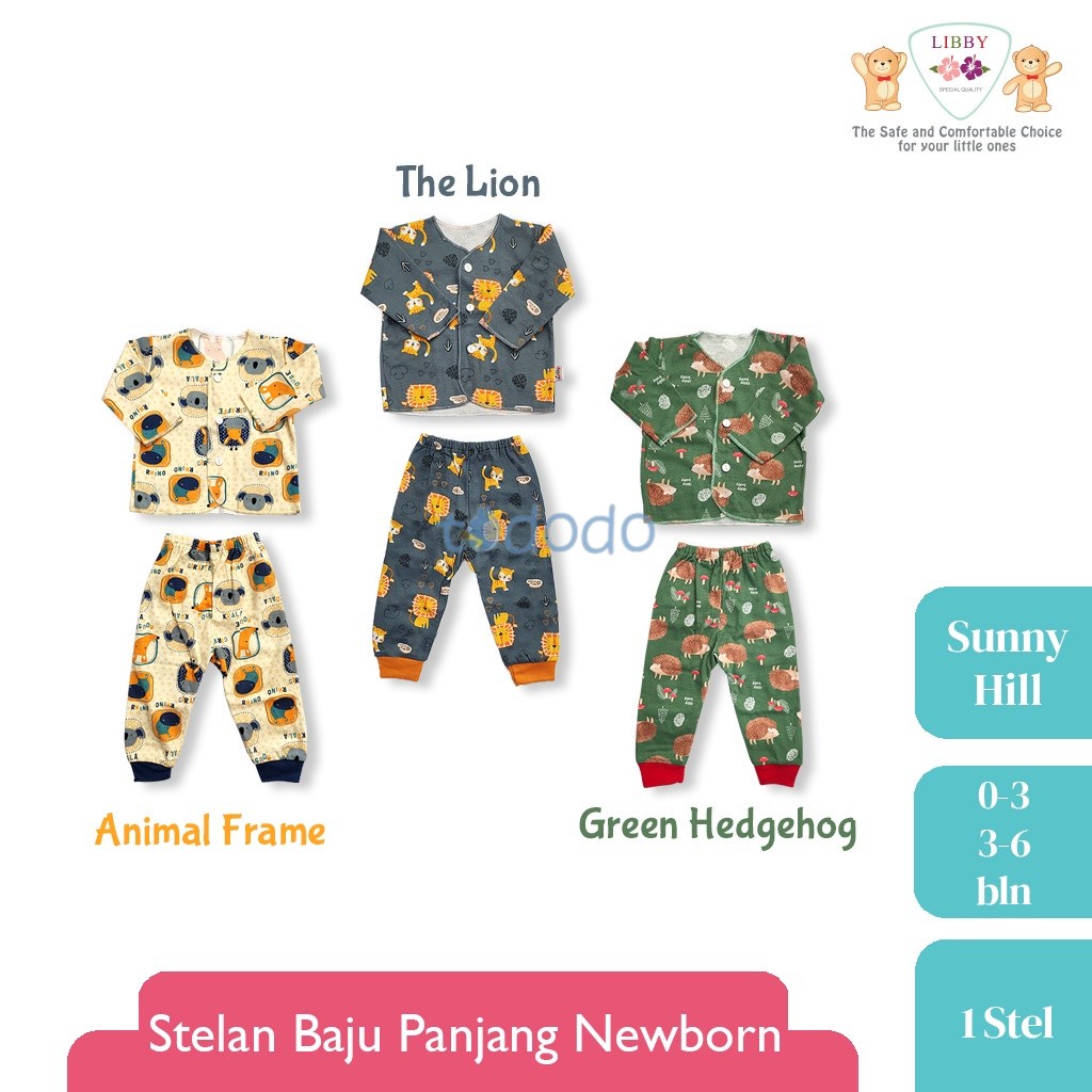 Baju Bayi Setelan Lengan Panjang Kancing Depan Piyama Anak Newborn 0 3 6 Bulan Motif LIBBY Motif Sunny Hill (1 stel)