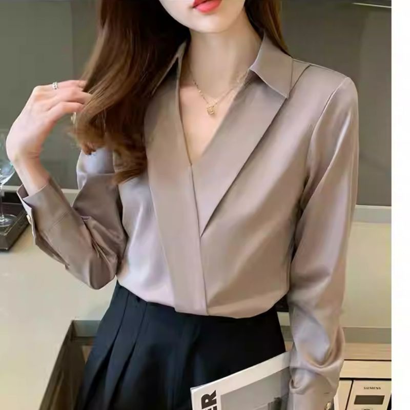 2360 Atasan Baju blus blouse kemeja lengan panjang polos leher kerah Vi Neck simpel realpic terlaris