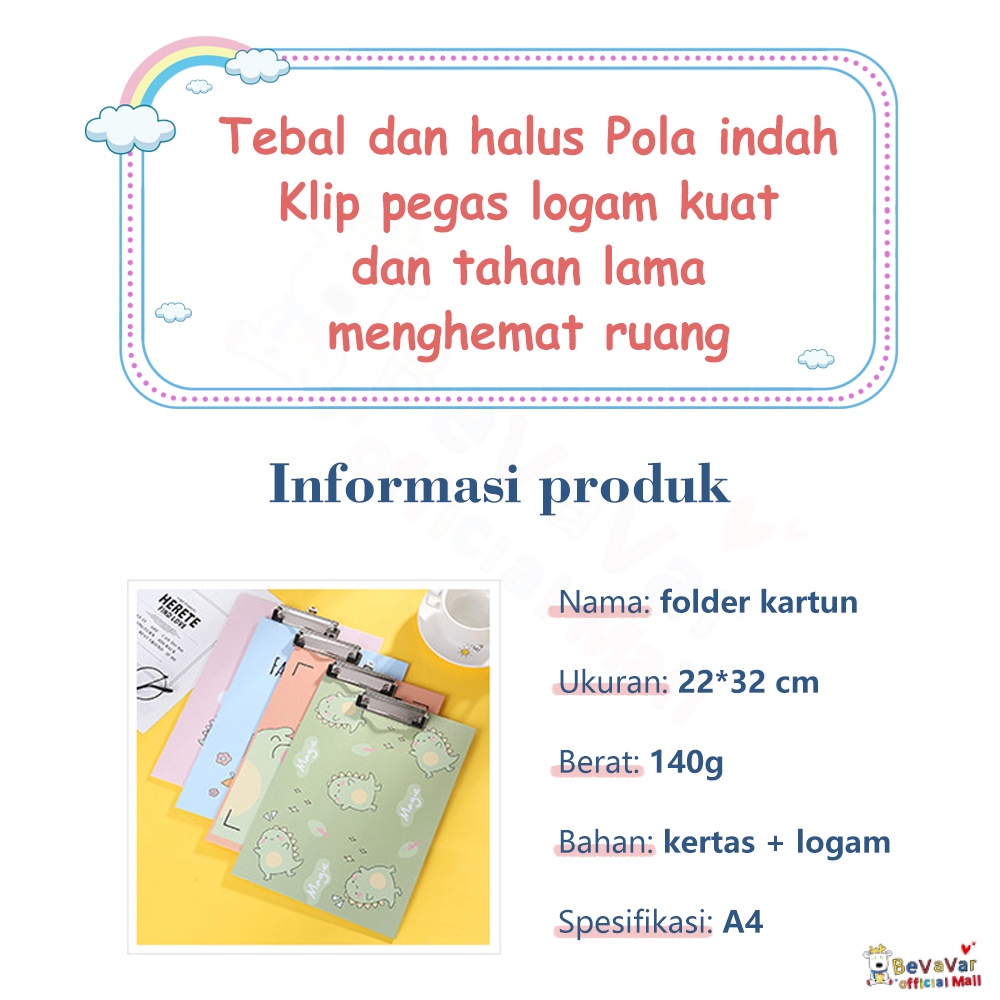 BEVAVAR Papan Jalan Clipboard Lucu Dino / Clipboard Pvc A4 / Papan Ujian