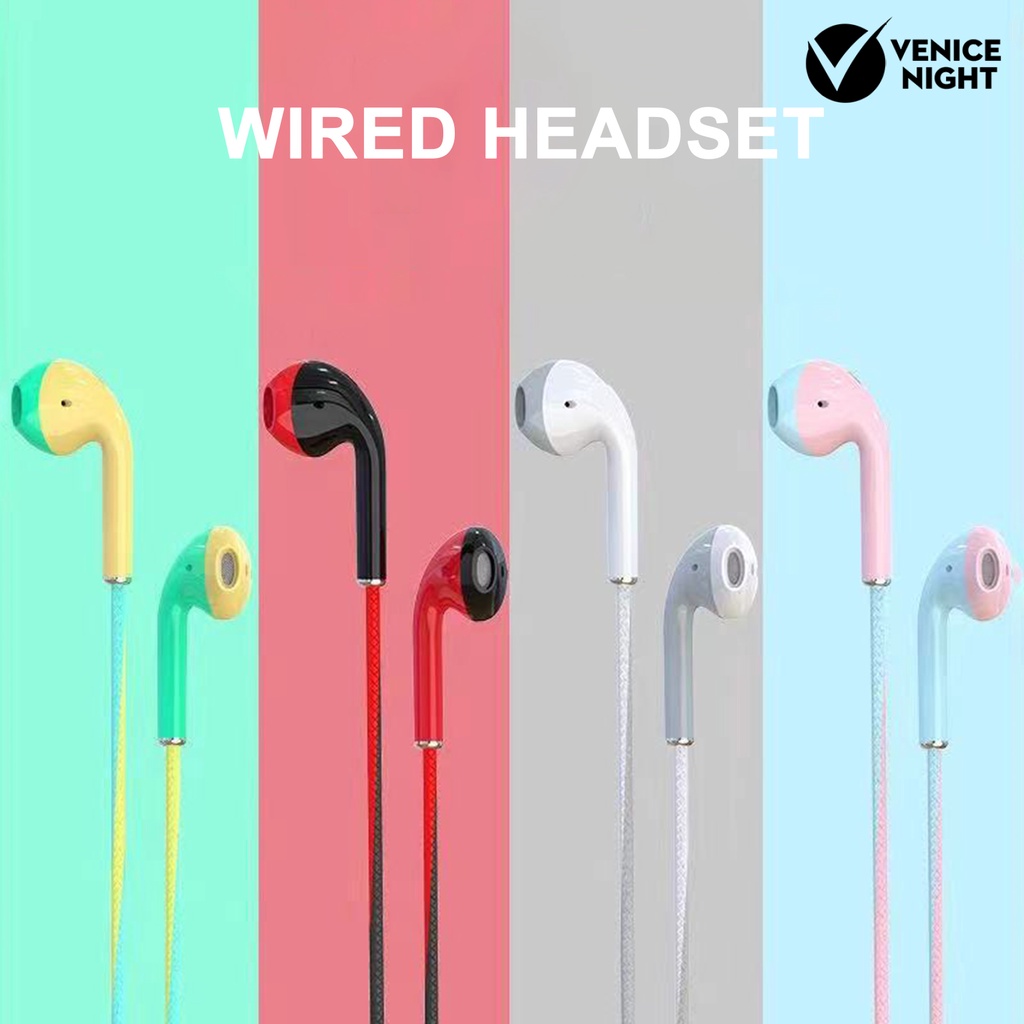 (VNEP) (Berkabel) Earbud Efek Stereo dengan Mikrofon Suara HiFi Telinga Datar Anti-interferensi Pemutar Musik Warna Macaroon 3.5mm In-ear Headphone Aksesori Ponsel