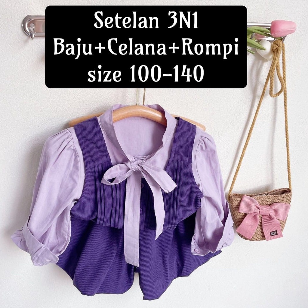 (LOLI-JKT) BS-351 SETELAN ANAK UNGU ROMPI CELANA BALON SIZE 100-140