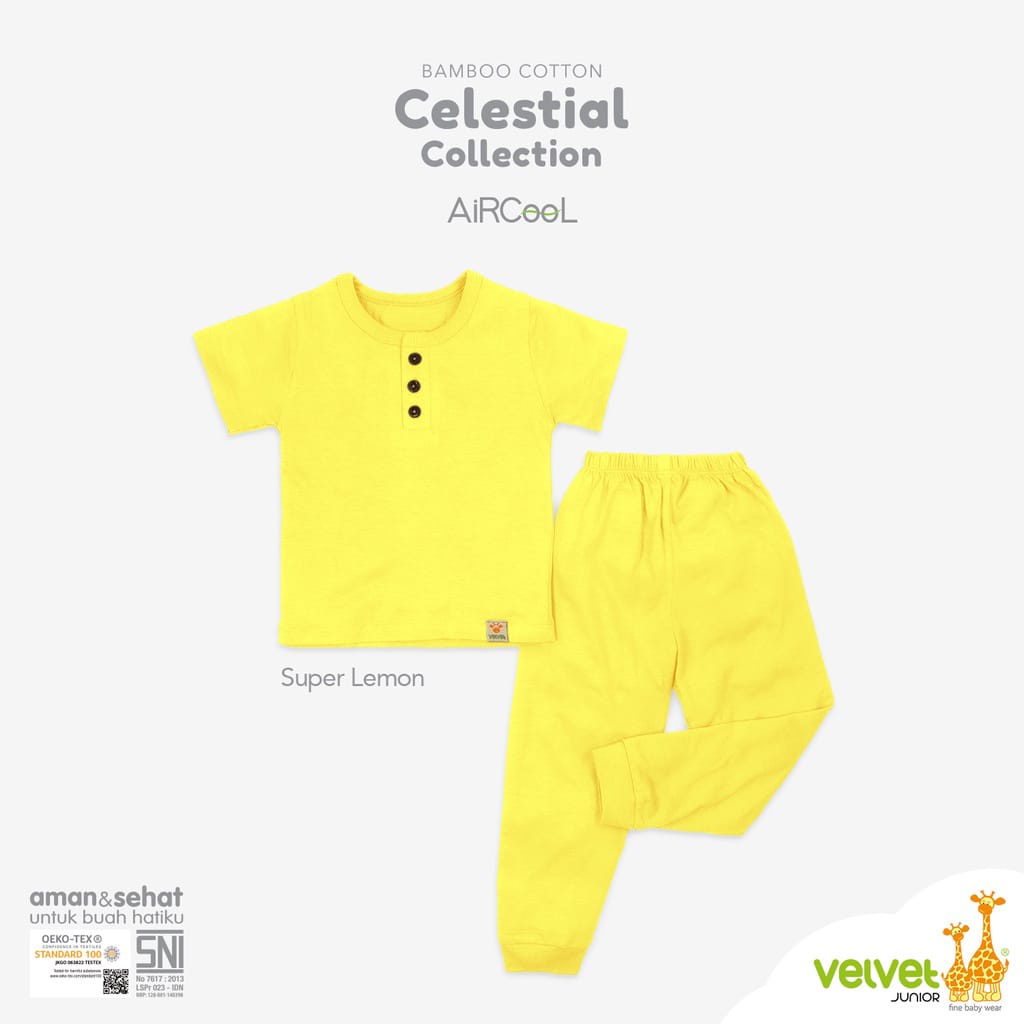 Velvet Junior Celestial Collection Bamboo Cotton Oblong Pendek Kancing Dada Celana Panjang size XL 2345 Piyama Baju Bayi