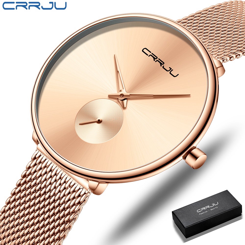 CRRJU Jam Tangan Wanita Anti Air Original Branded Cewek Rantai Kuarsa Stainless Steel Terbaru Elegan