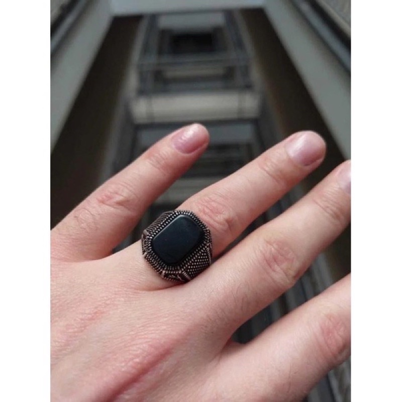 Cincin Pria Elegan Mewah Minimalis Batu Akik Hitam Pekat