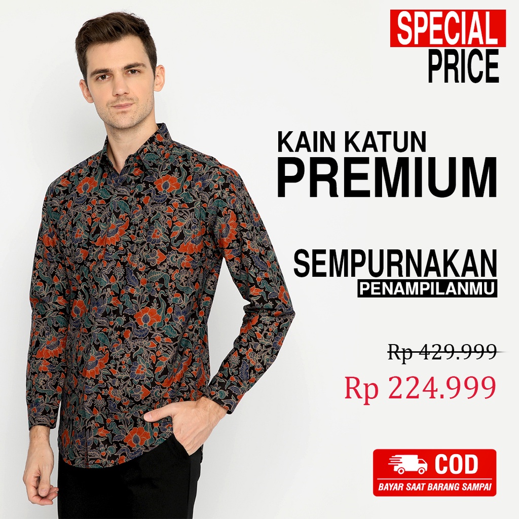 BAJU BATIK PRIA Kemeja Lengan Panjang Slimfit Slim Fit Premium Warna Hitam Orange Biru 729925 Cap 72 - Baju Kemeja Atasan Pakaian Setelan Batik Pria Cowok Laki Laki Remaja Keluarga Kantor Lengan Panjang Modern Slimfit Slim Fit Premium Kekinian