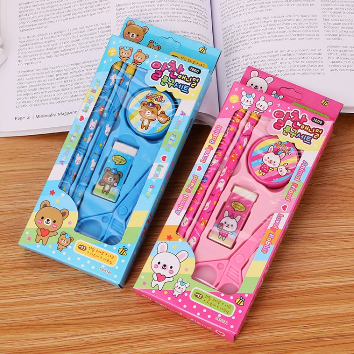 

1 Set Alat Tulis Pensil Penghapus Gunting Anak Unik Motif Kartun 5 Pcs