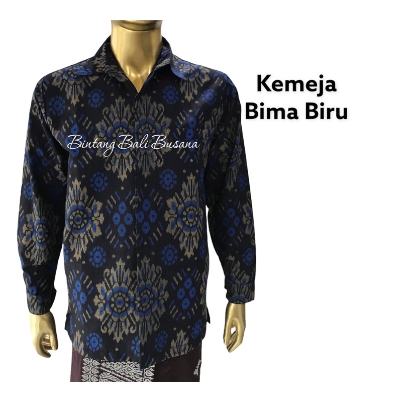 Kemeja Endek Bali Katun Pria Lengan Panjang Bima Biru