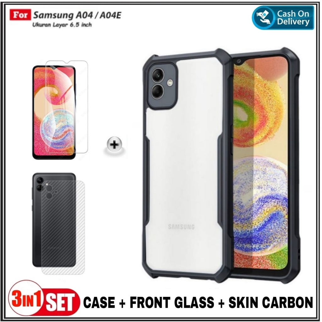 PAKET 3IN1 Case Samsung A04 , A04E Soft Hard Fusion Shockprooft TPU HD Trasnparan Acrylic Casing Cover + Tempered Glass Dan Garskin DI ROMAN ACC