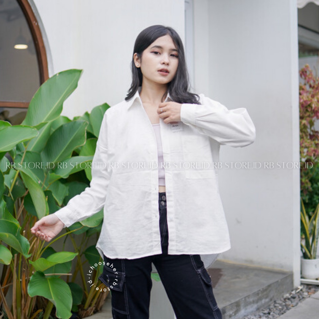 Kemeja Wanita Linen Oversize Olivia Shirt Linen Pocket-OLIVIA BROKEN WHITE