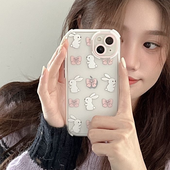 Casing hp IPhone 11 12 13 14 Pro Max 14 Plus Anti Jatuh Casing Bunga Ikatan Simpul Kelinci Kelinci Lucu Gadis Hadiah Cukup Beruntung