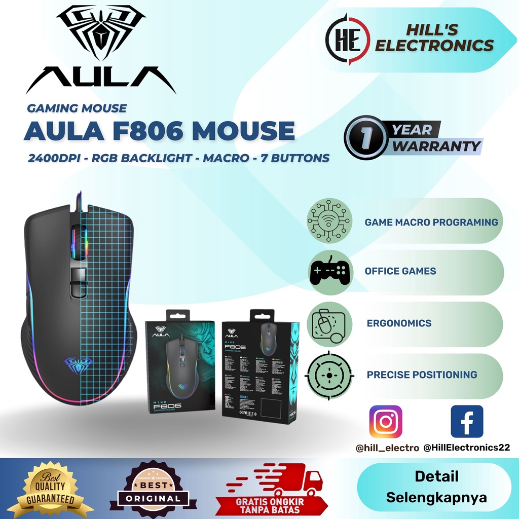 Aula F806 Mouse Gaming 2400DPI Rgb Backlight Macro 7 Buttons