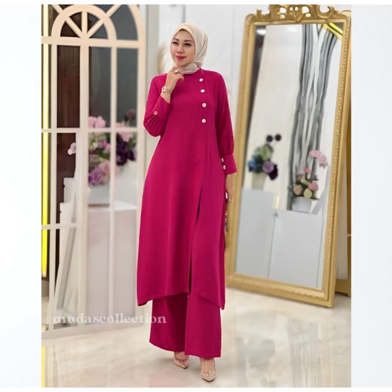 Adeline One Set Jumbo Setelan Long Tunik Dan Celana Panjang Baju Setelan Wanita Kekinian Bahan Crinkle Outfit Kondangan