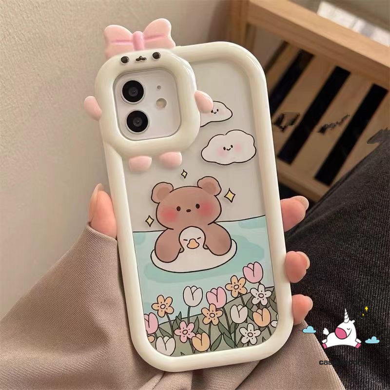 Case Realme8 8 8pro 9 9pro+7 8i C33 C15 C30 C25 C21Y C25Y C11 C25s C35 C31 C21 C2 C1 C3 C17 Realme 5 6i 9i 5s 5 7i Kartun 3D Bow Little Monster Lens Beruang Renang Lucu Lembut Sarung Cover Sarung