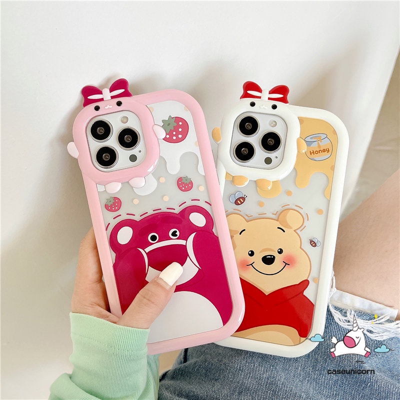 Realme C33 C1 C11 C25Y C35 C15 C21Y C31 C30 C25 C25s C21 C2 C1 C3 C17 8 8pro 7 9 9pro+8i 5 6i 9i 5s 5 7i Winnie The Pooh Strawberry Bear Kartun 3D Bow Little Monster Lens Lembut Case Tempat Kotak Makan