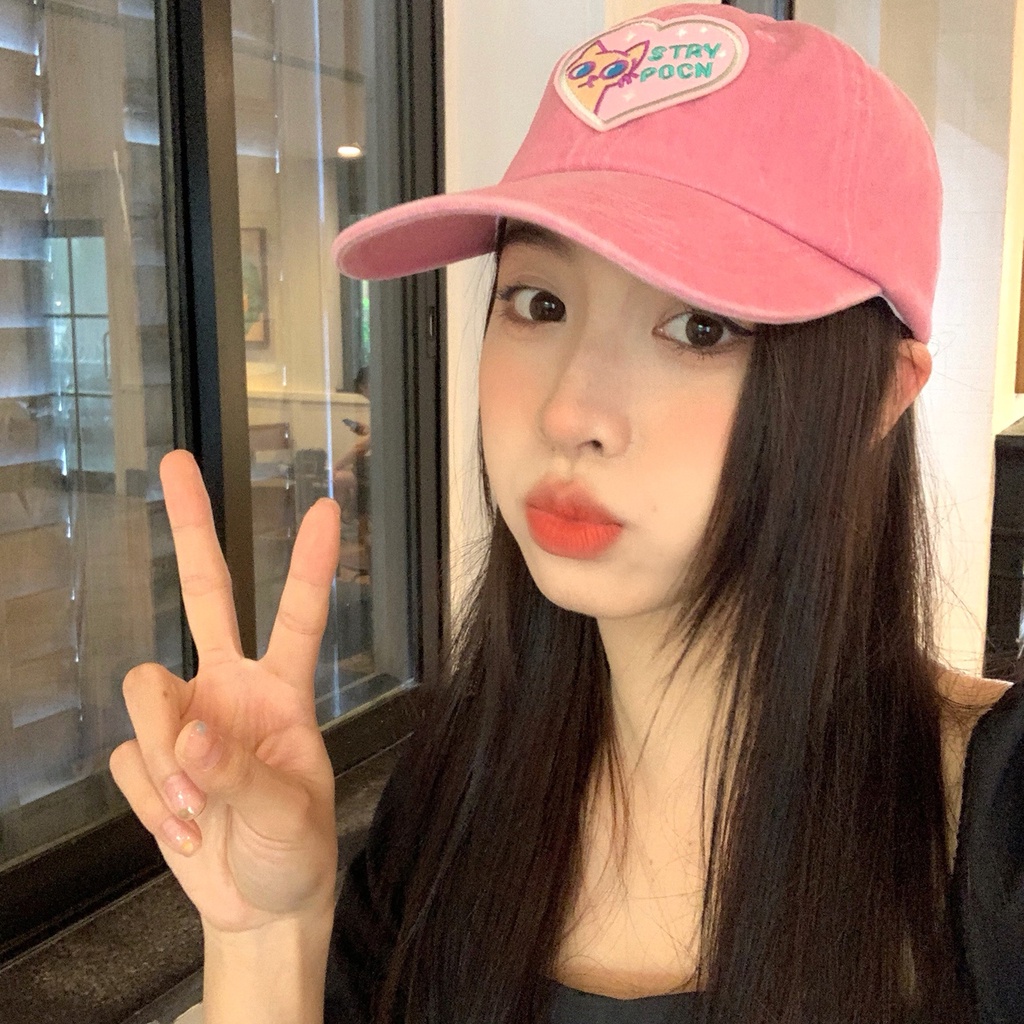 Topi Baseball Motif Bordir Hati Warna Pink Gaya Kasual