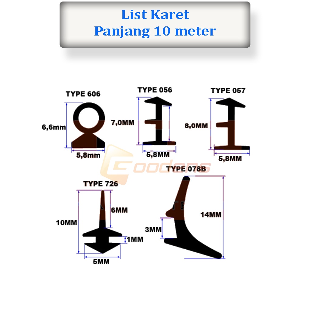 List Karet 078B karet C untuk kusen pintu-jendela aluminium panjang 10meter