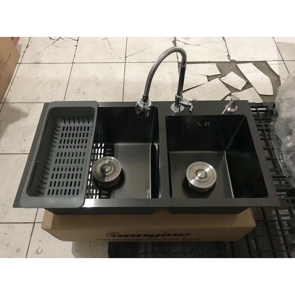 Premium (Mount) Bak Cuci Piring Kitchen Sink Wastafel 2 Lubang Hitam 75 X 40 X 23 Cm