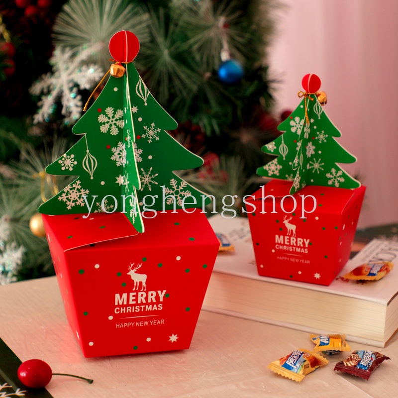 5pcs / set Kotak Permen / Cokelat Bentuk Pohon Natal 3D Dengan Lonceng Untuk Hadiah Pesta Tahun Baru
