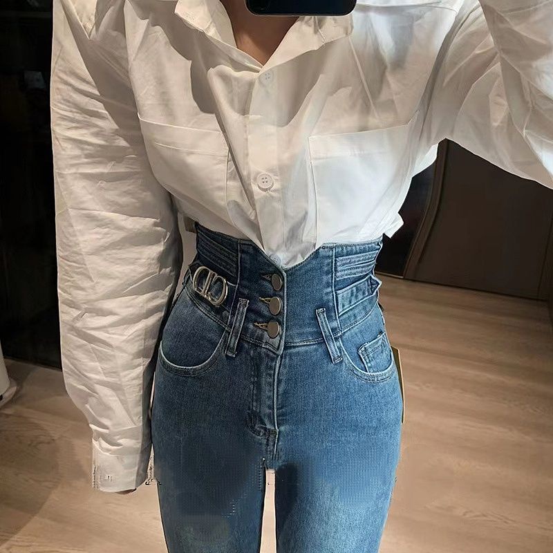 Suhao Super High Waist Three Button Jeans 2022 Musim Gugur Baru Kedatangan Skinny Stretch Skinny Pants Tinggi dan Tipis