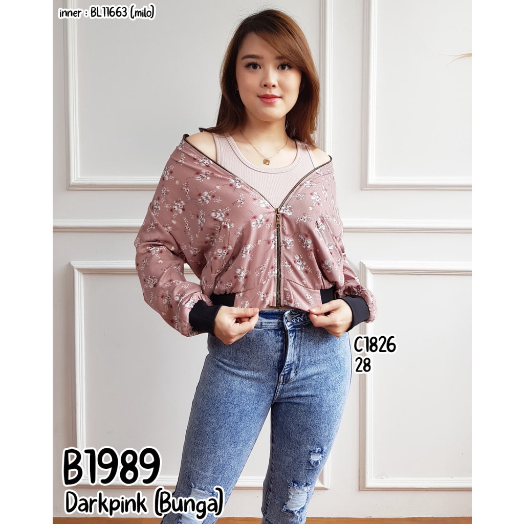 Jaket bomber wanita lengan panjang motif bunga crinkle 1989