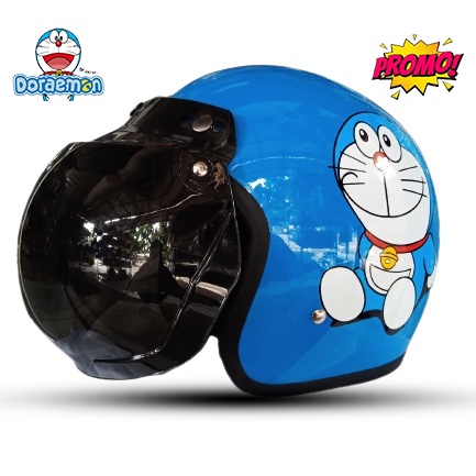 Helm Bogo Classic Dewasa Motif  Doraemon Kaca Datar Hitam Kaca datar Silver Pelangi Untuk Pria Dan W