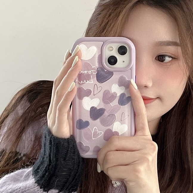 Leather Case HP IPhone 11 12 13 14 Pro Max 14 Plus iPhone XR XS Max Anti falling Casing iPHONE 13 Pink Purple Love Heart Cover Girl Women Pretty Ins