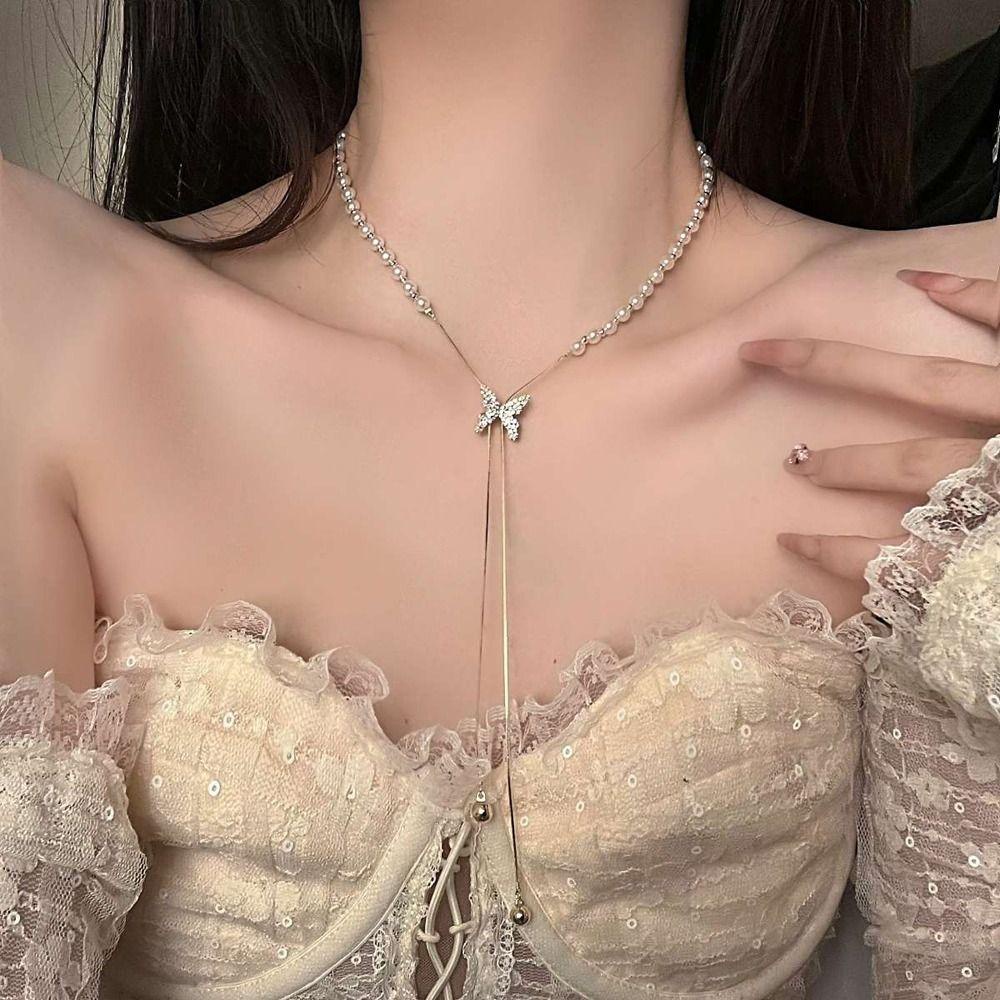 Mxbeauty Wanita Kalung Elegan Indah Halus Mutiara Gadis Hadiah Kupu-Kupu Niche Desain Adjustable Perempuan Klavikula Rantai