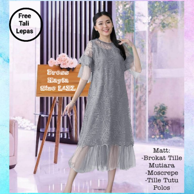 Dress Pesta Wanita Midi Terbaru Elegan/Dress Nayla Size L dan XL Matt Brokat Tille Mutiara Mix Moscrepe dan Tille Dot/Dress Pesta dan Natal Remaja Kekinian Viral/Good Quality