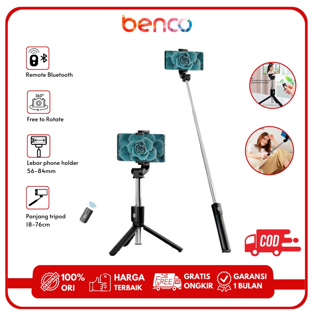 BENCO Tongsis Selfie Stick Remote Bluetooth Stand Holder 360 Derajat