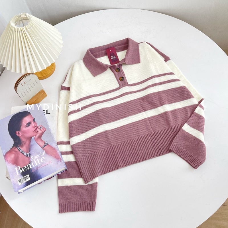 Inaya Polo Blouse - Atasan Blouse Wanita Motif Setrip Berkerah