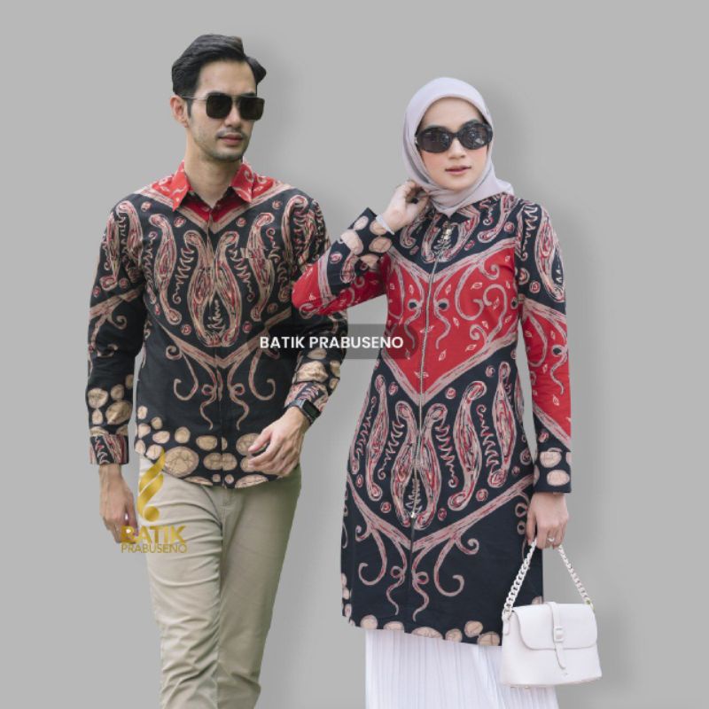 Batik Prabuseno Couple Set Indira Merah Atasan Tunik Wanita Dan Kemeja Pria Baju Seragam Kerja Kantoran Kondangan Pesta