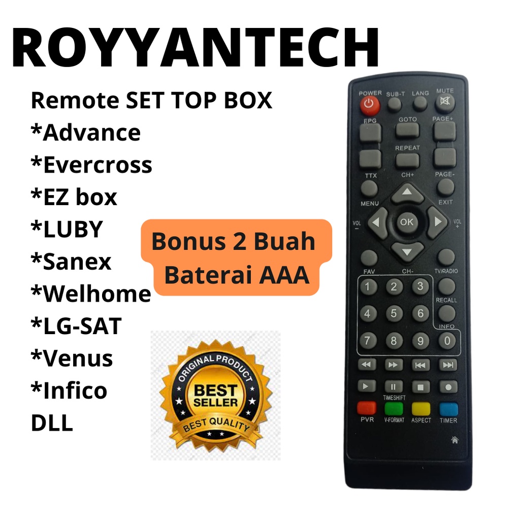 REMOTE SET TOP BOX UNIVERSAL EVERCOSS LUBY WELHOME SANEX ADVANCE PIOLINE EZ BOX RHEMOT STB MULTI