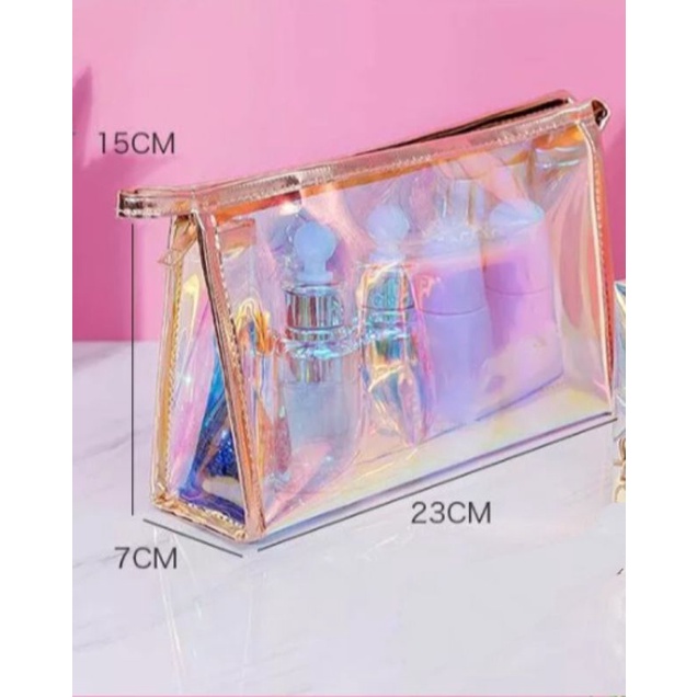 Tas kosmetik tranparant mika pelangi pouch travel dompet kosmetik