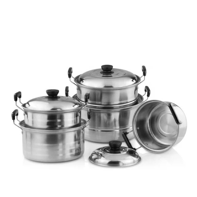 Panci Set 5in1 Plus Steamer Stainless - Panci 16-24CM Original - Panci Sop Soup Dengan Kukusan Tatakan Dandang